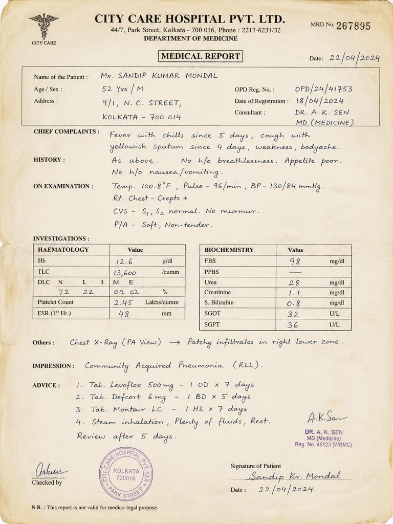 Scanned medical report page with handwritten physician notes, lab values, and hospital stamps
